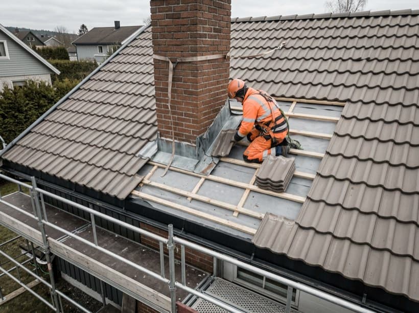 Illustrasjon av arbeid ved pipebeslag på et tegltak